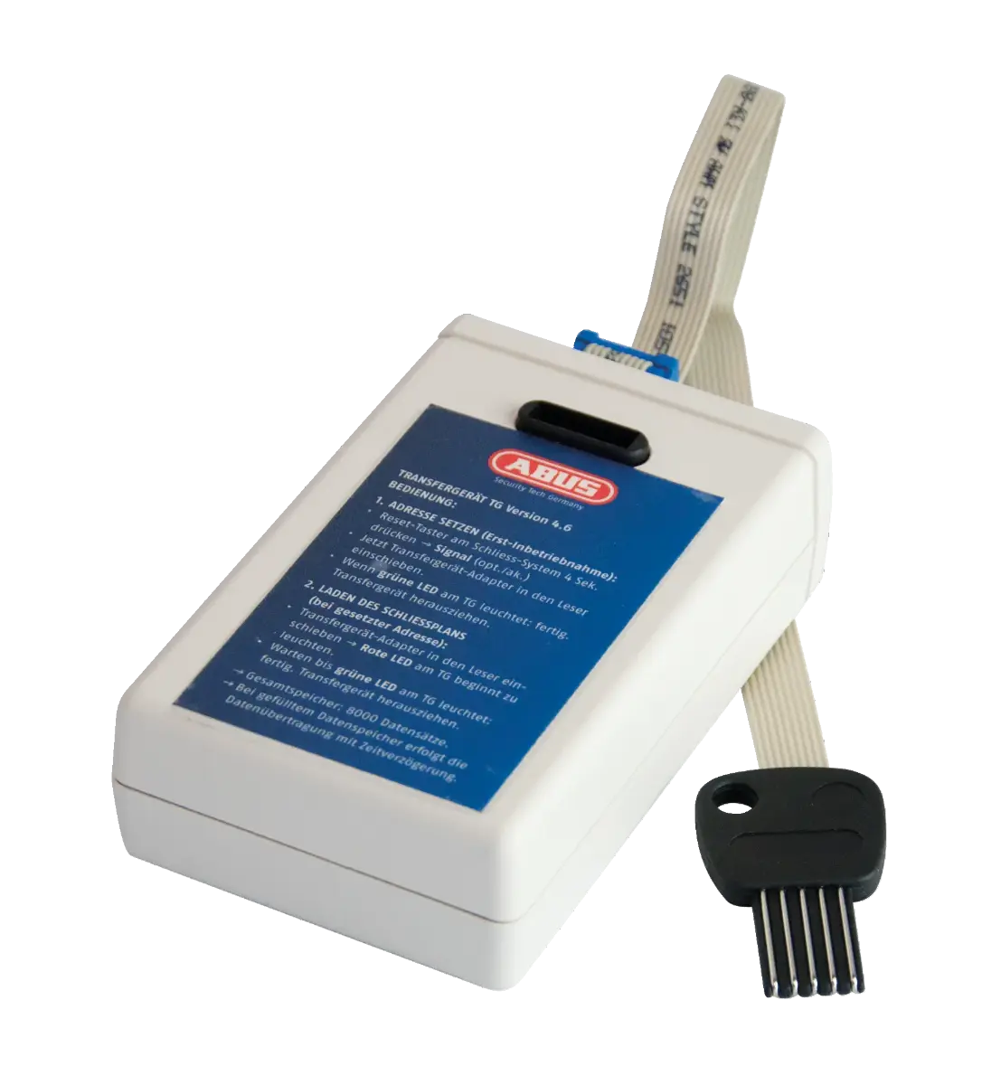 ABUS CodeLoxx-Transfergerät mit eingesetztem Chipschlüssel und Adaptermodul