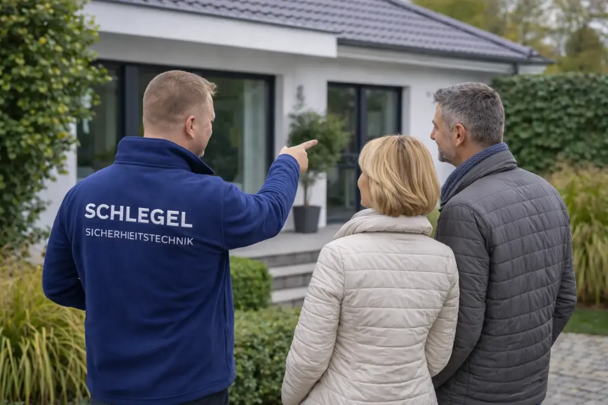 Sicherheitstechniker bespricht mit einem Paar die Absicherung eines Wohnhauses.
