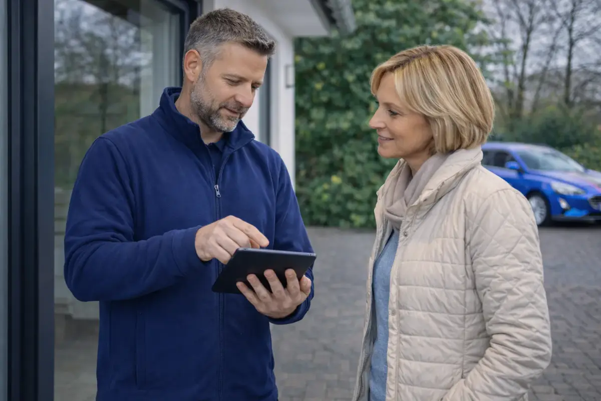 Sicherheitstechniker zeigt einer Kundin Informationen auf einem Tablet vor einem Wohnhaus.